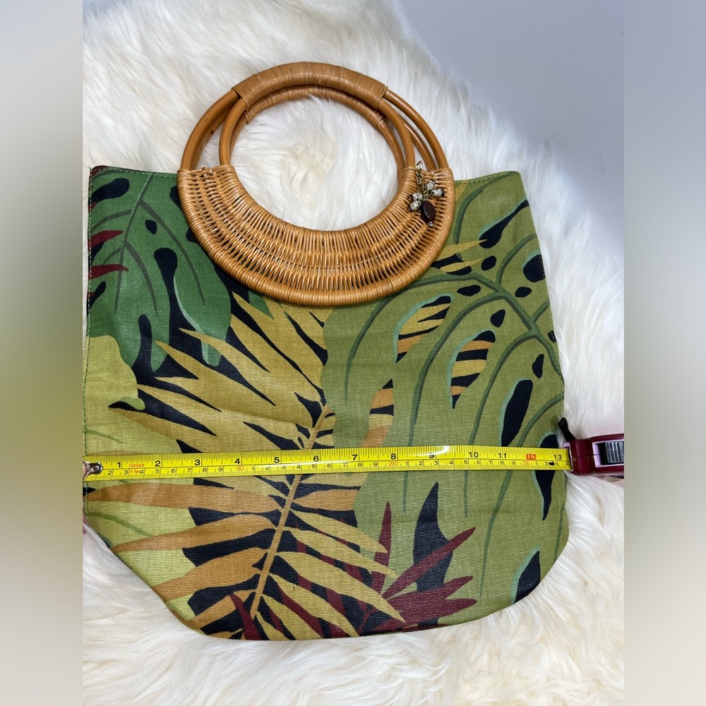 Fossil Forever Vintage Rare Canvas Tropical Foliage Wicker HandleShoulder Bag - Picture 12 of 14